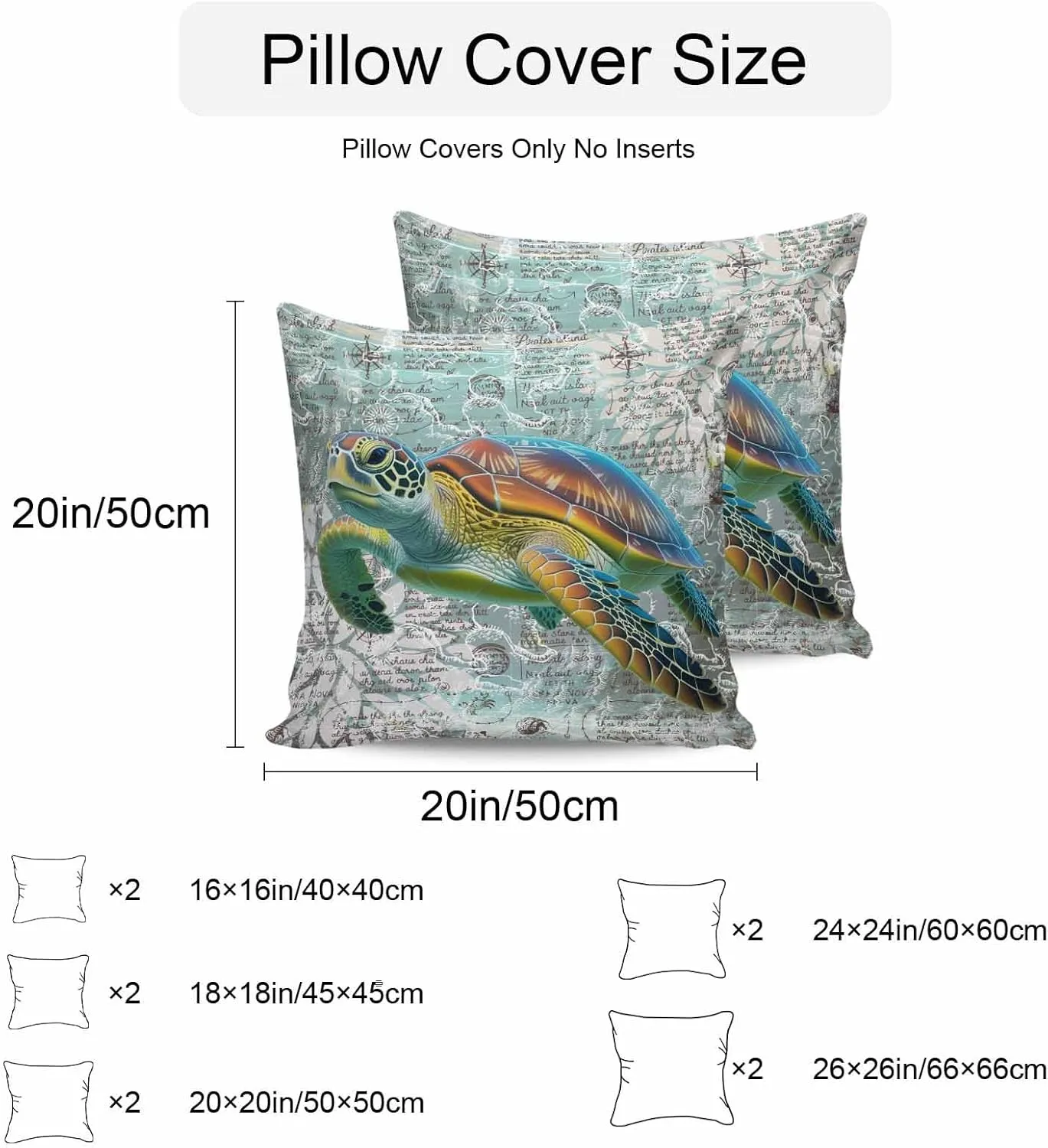 Outdoor Pillow Covers Pack of 2, Ocean Sea Turtle Nautical Map Waterproof Throw Pillowcase Cushion Cases, Underwater Marine Life Decorative Pillow Cover for Couch Sofa Home Bed Patio