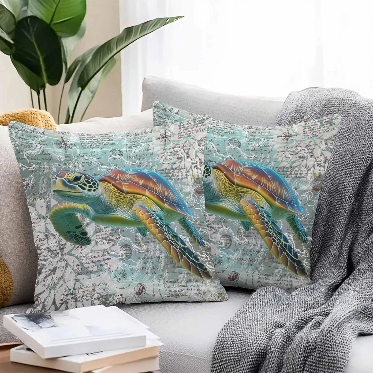 Outdoor Pillow Covers Pack of 2, Ocean Sea Turtle Nautical Map Waterproof Throw Pillowcase Cushion Cases, Underwater Marine Life Decorative Pillow Cover for Couch Sofa Home Bed Patio