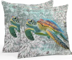 Outdoor Pillow Covers Pack of 2, Ocean Sea Turtle Nautical Map Waterproof Throw Pillowcase Cushion Cases, Underwater Marine Life Decorative Pillow Cover for Couch Sofa Home Bed Patio