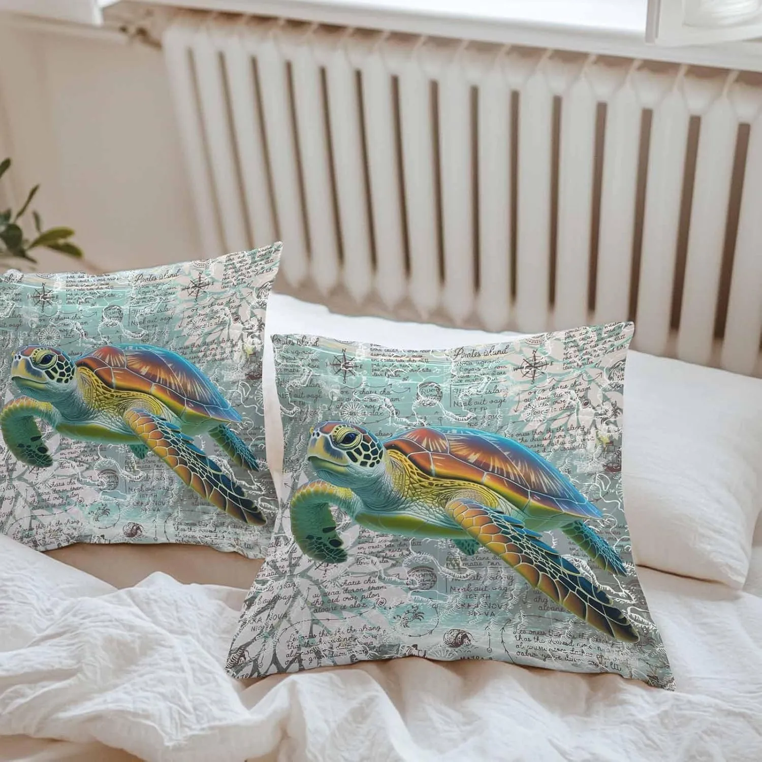 Outdoor Pillow Covers Pack of 2, Ocean Sea Turtle Nautical Map Waterproof Throw Pillowcase Cushion Cases, Underwater Marine Life Decorative Pillow Cover for Couch Sofa Home Bed Patio