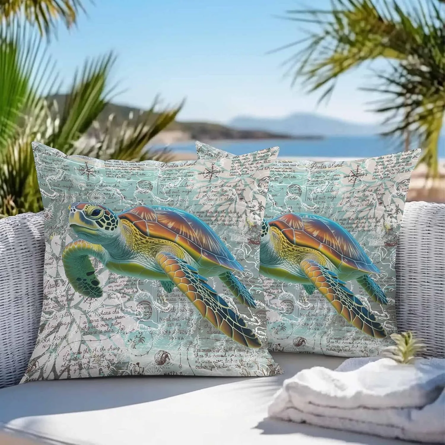 Outdoor Pillow Covers Pack of 2, Ocean Sea Turtle Nautical Map Waterproof Throw Pillowcase Cushion Cases, Underwater Marine Life Decorative Pillow Cover for Couch Sofa Home Bed Patio