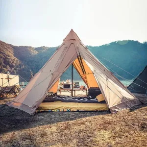 Outdoor Portable Cotton Canvas 5-8 Person 3 Seasons Teepee Tent with Stove Hole Double Door Spire Tent Pyramid Tents for Family Camping