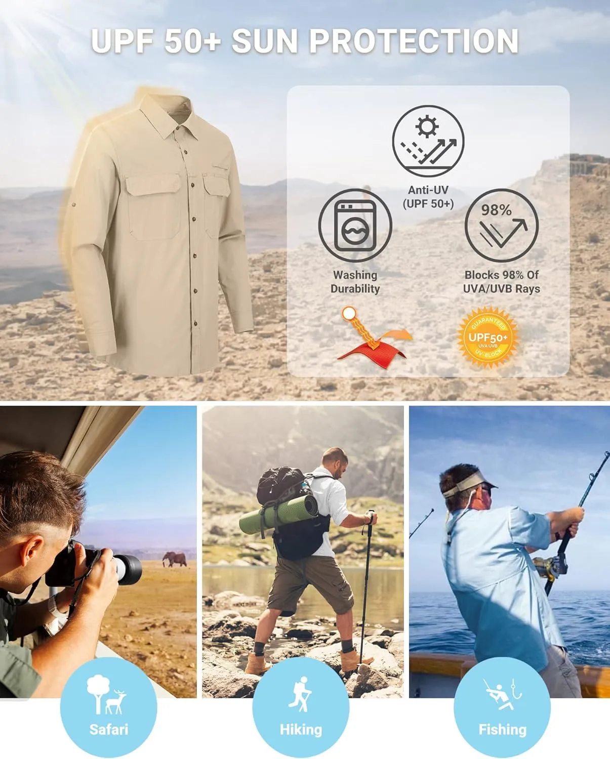 Outdoor Ventures Men's UPF 50  UV Sun Protection Shirt, Long Sleeve Hiking Fishing Shirt Cooling Quick Dry for Safari Travel