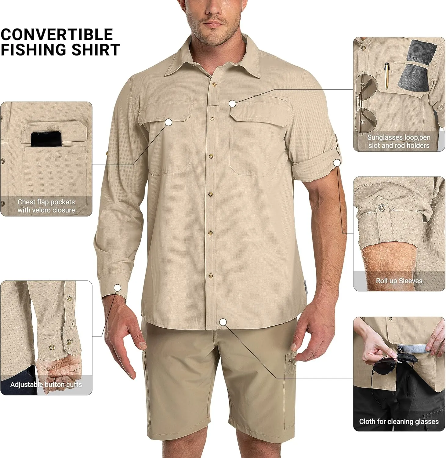 Outdoor Ventures Men's UPF 50  UV Sun Protection Shirt, Long Sleeve Hiking Fishing Shirt Cooling Quick Dry for Safari Travel