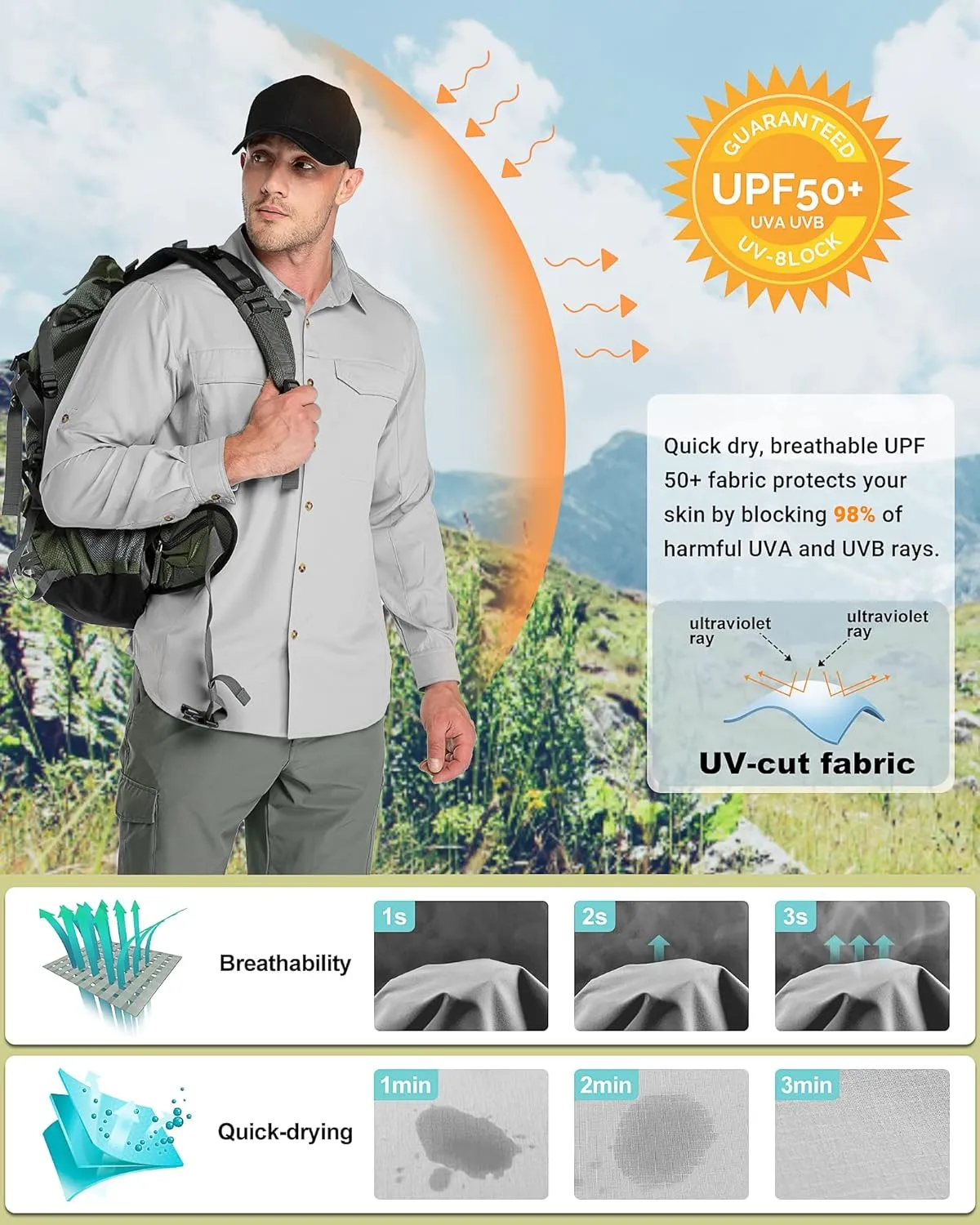 Outdoor Ventures Men's UPF 50  UV Sun Protection SPF Hiking Shirt Long Sleeve Lightweight Quick Dry for Safari Travel Fishing