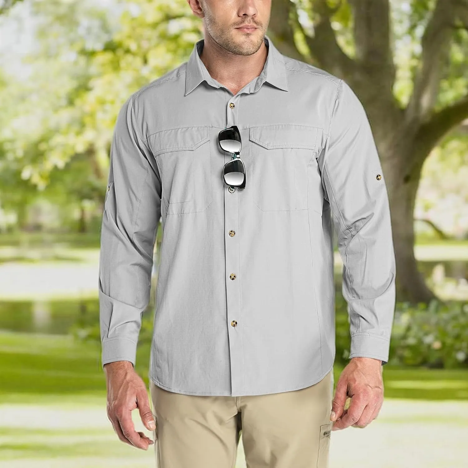 Outdoor Ventures Men's UPF 50  UV Sun Protection SPF Hiking Shirt Long Sleeve Lightweight Quick Dry for Safari Travel Fishing
