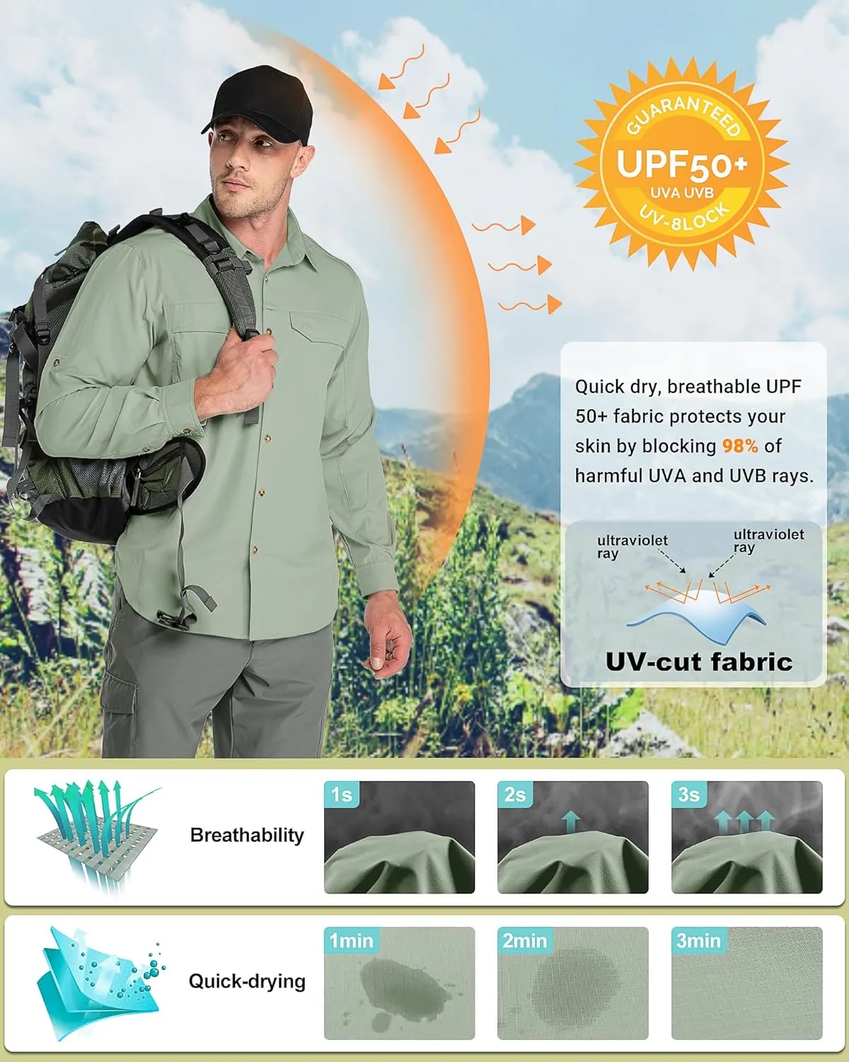Outdoor Ventures Men's UPF 50  UV Sun Protection SPF Hiking Shirt Long Sleeve Lightweight Quick Dry for Safari Travel Fishing
