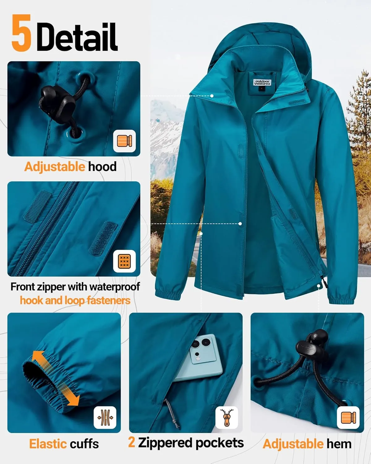Outdoor Ventures Womens Lightweight Rain Jacket Packable Waterproof Rain Coat with Hood for Travel Windbreaker