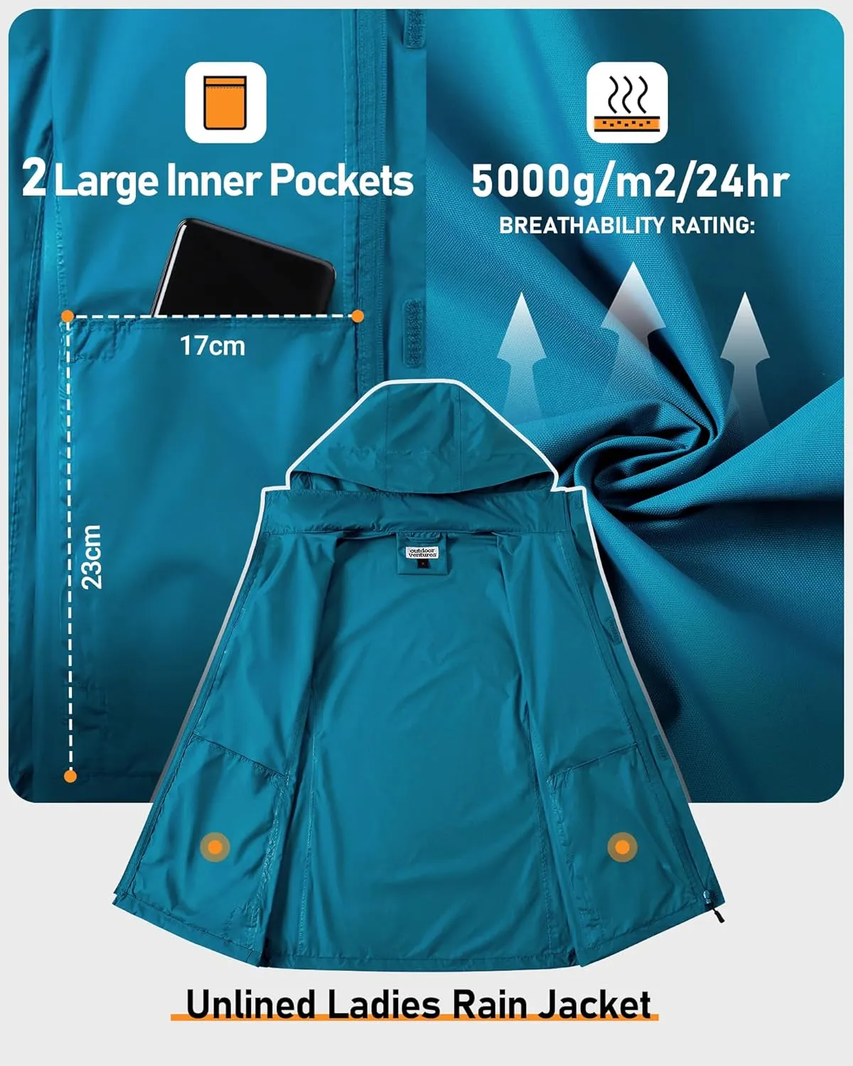 Outdoor Ventures Womens Lightweight Rain Jacket Packable Waterproof Rain Coat with Hood for Travel Windbreaker