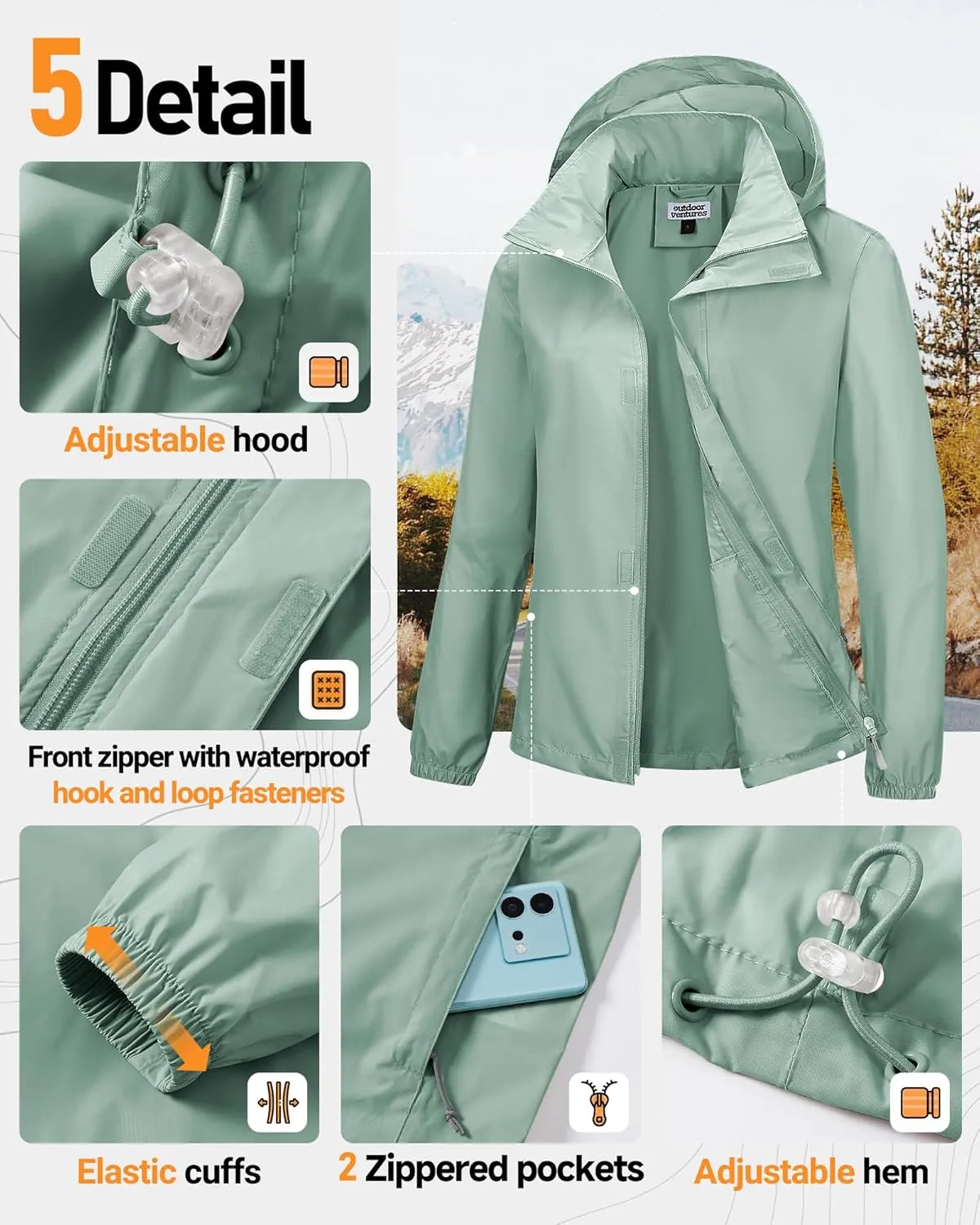 Outdoor Ventures Womens Lightweight Rain Jacket Packable Waterproof Rain Coat with Hood for Travel Windbreaker