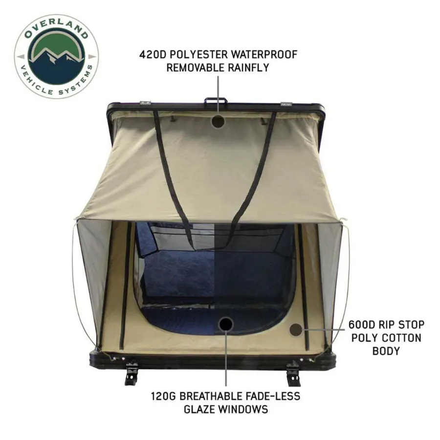 OVS LD TMON Clamshell Aluminum Hard Shell Roof Top Tent - 2 Person Capacity, Tan Body & Green Rainfly