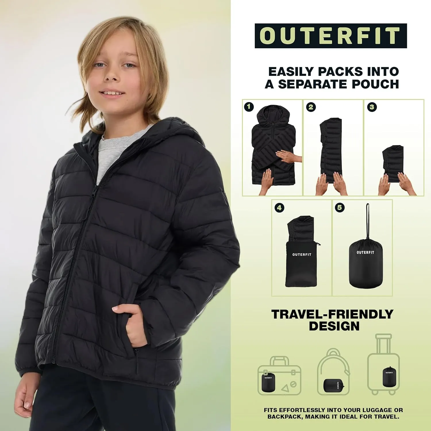 Packable Boys Puffer Jacket with Hood, Lightweight Boys Winter Jacket