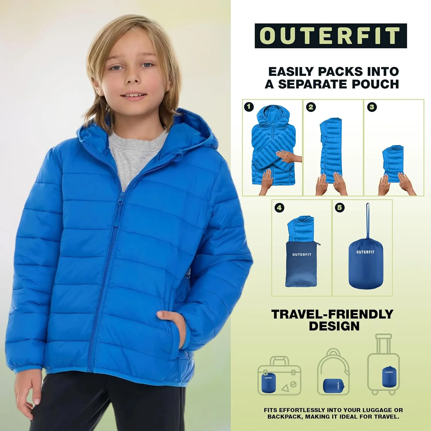 Packable Boys Puffer Jacket with Hood, Lightweight Boys Winter Jacket