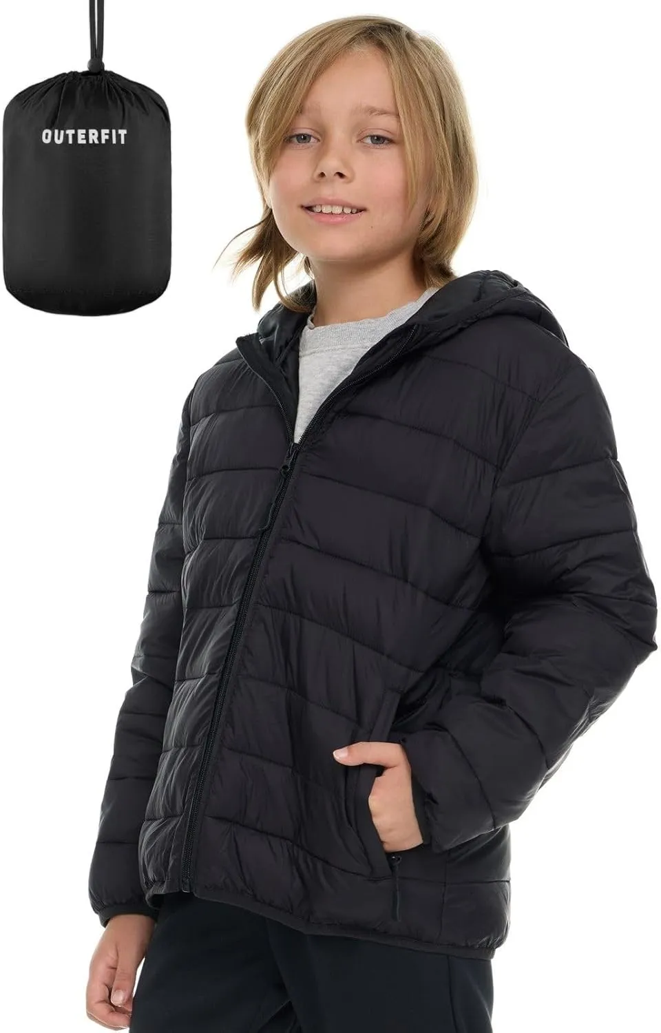 Packable Boys Puffer Jacket with Hood, Lightweight Boys Winter Jacket