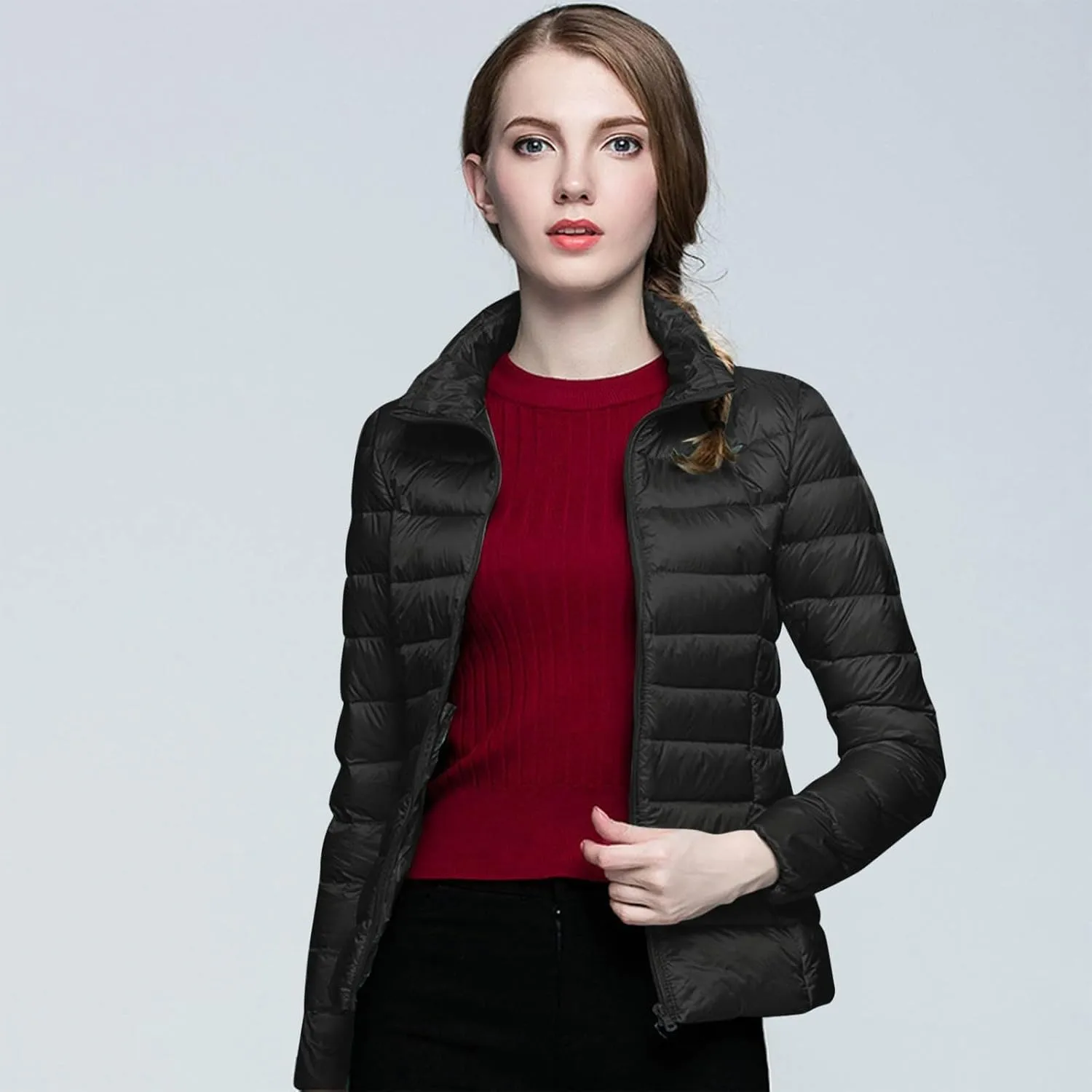 Packable Down Jacket for Women Lightweight Winter Duck Down Jackets Slim Fit Bubble Coat Zipper Warm Puffer Jacket with Hood