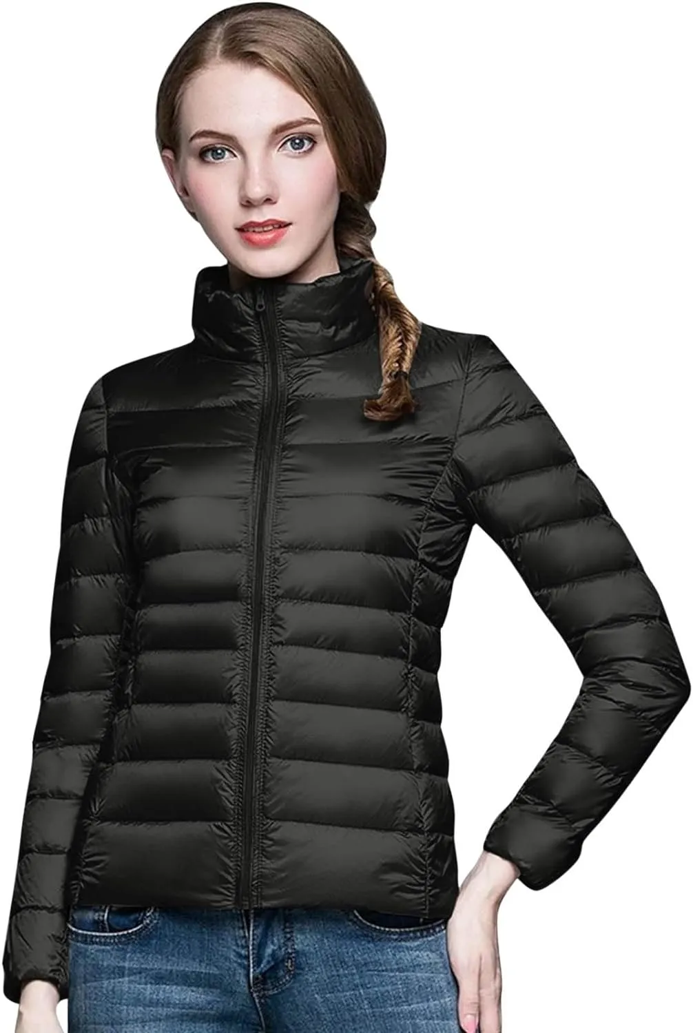 Packable Down Jacket for Women Lightweight Winter Duck Down Jackets Slim Fit Bubble Coat Zipper Warm Puffer Jacket with Hood