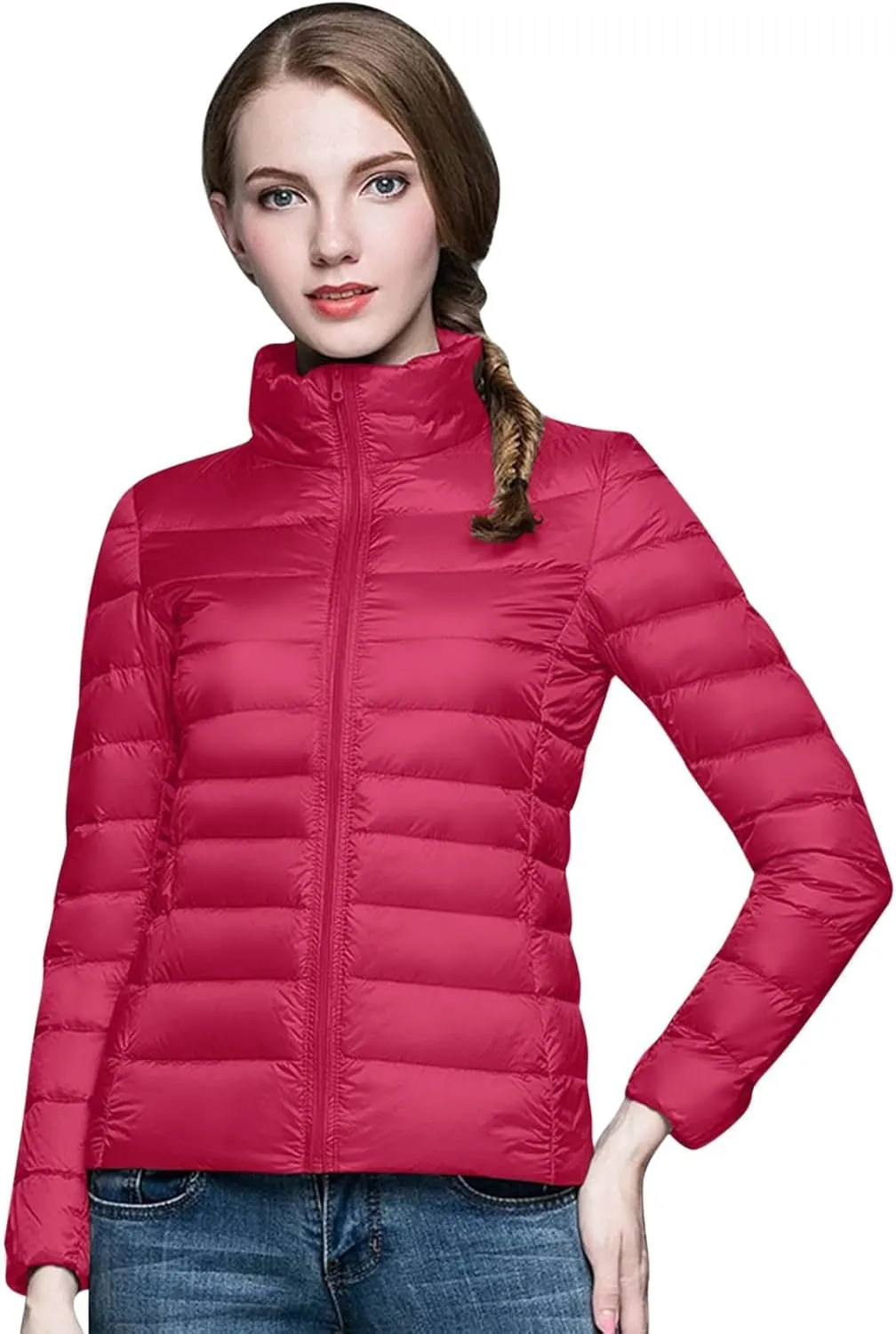 Packable Down Jacket for Women Lightweight Winter Duck Down Jackets Slim Fit Bubble Coat Zipper Warm Puffer Jacket with Hood