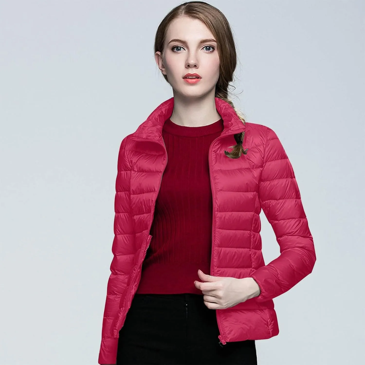 Packable Down Jacket for Women Lightweight Winter Duck Down Jackets Slim Fit Bubble Coat Zipper Warm Puffer Jacket with Hood