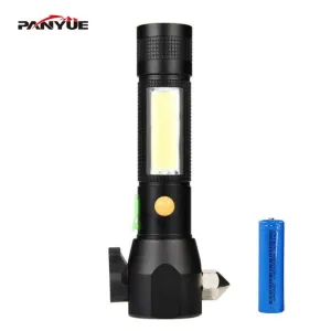PANYUE LED Flashlight 800 Lumens Super Bright Torch for Emergency and Self Defense with Emergency Tool Hammer   18650 battery