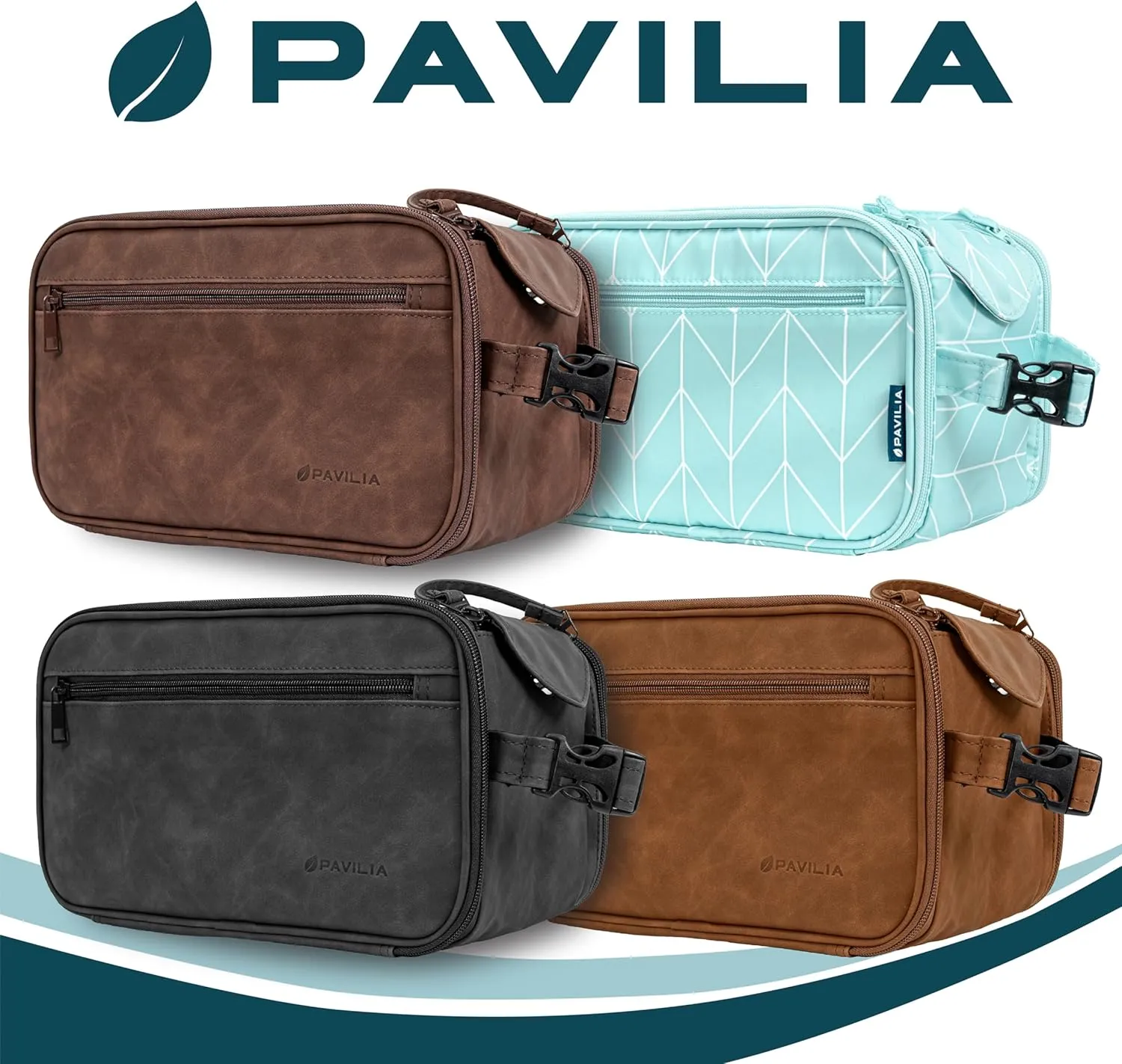 PAVILIA Large Toiletry Bag for Men Women, Mens Travel Bag Toiletries Organizer Case for Grooming, Travel Essentials Shaving Dopp Kit, PU Leather Water Resistant Cosmetic Pouch, Teal Chevron