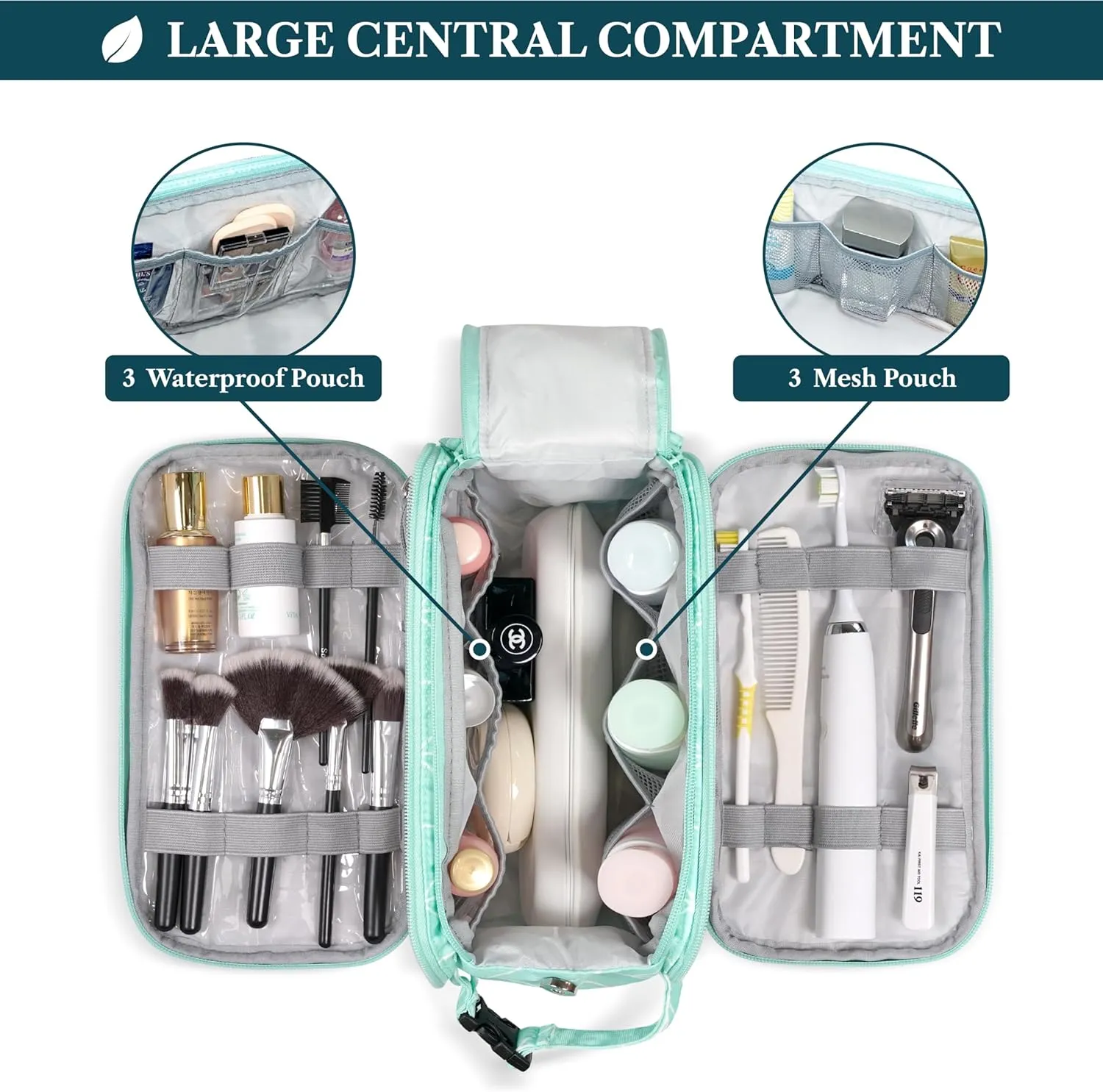 PAVILIA Large Toiletry Bag for Men Women, Mens Travel Bag Toiletries Organizer Case for Grooming, Travel Essentials Shaving Dopp Kit, PU Leather Water Resistant Cosmetic Pouch, Teal Chevron