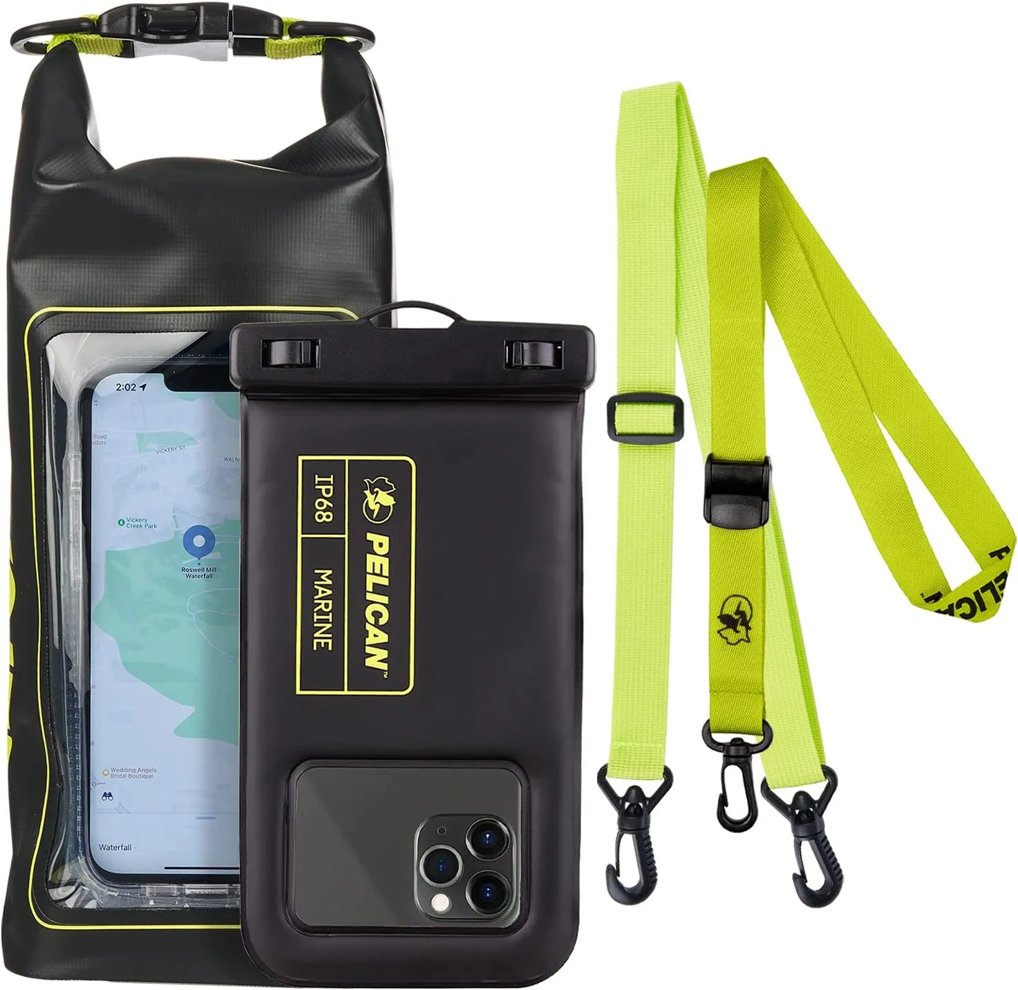 Pelican - Marine Series - IP68 Waterproof Floating Pouch   Roll Top Dry Bag (2L) - Black/Hi Vis Yellow