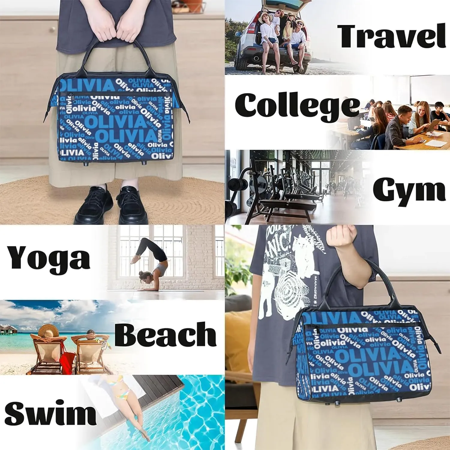Personalized Gym Sport Duffel Bag with Name Custom Travel Overnight Bag Waterproof Customized Dance Bag Carry-On Tote 15.2in, Blue White
