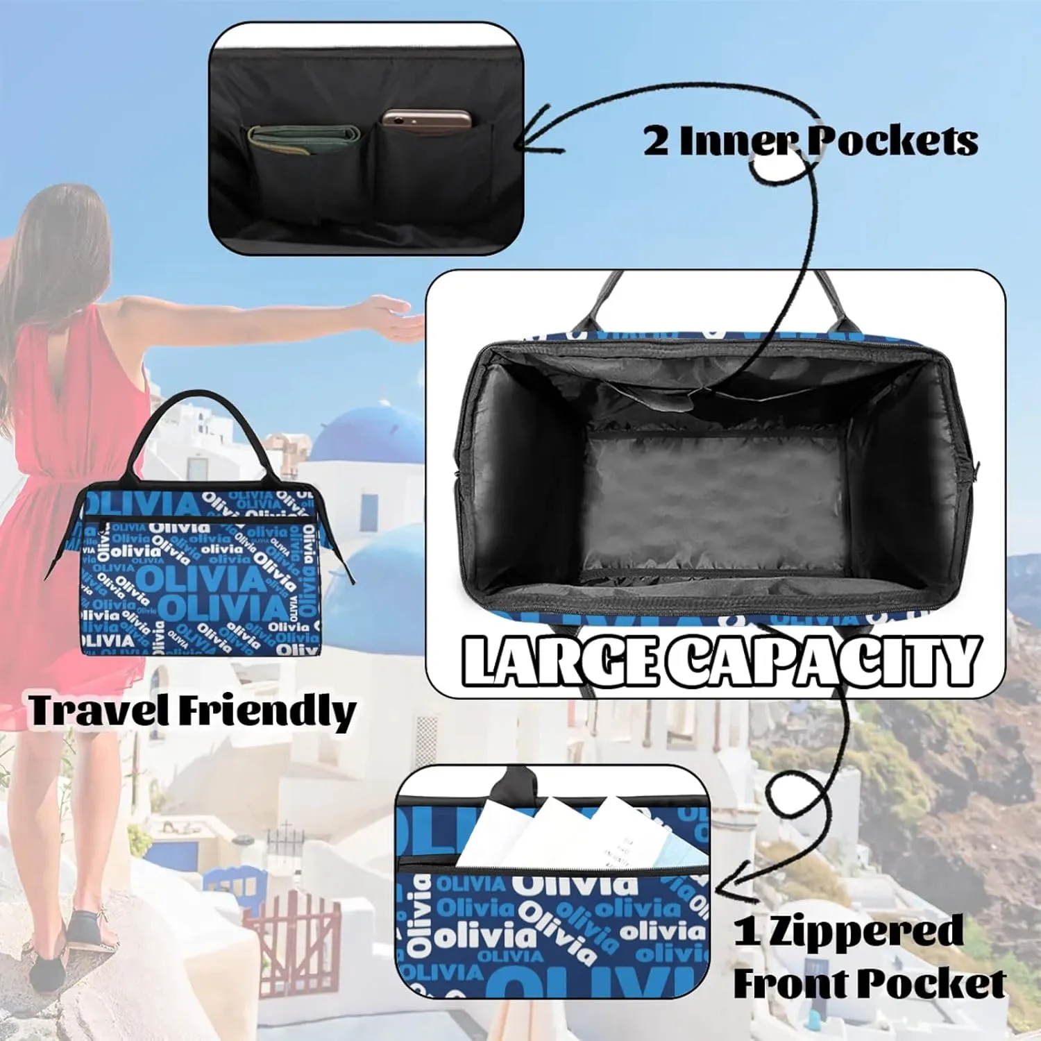 Personalized Gym Sport Duffel Bag with Name Custom Travel Overnight Bag Waterproof Customized Dance Bag Carry-On Tote 15.2in, Blue White