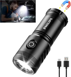 PHILIPS LED Pocket Flashlight Rechargeable with Magnetic Base,Mini Flashlight EDC Flashlight with 5000 High Lumens,5 Lighting Modes,Portable Small Flashlight|Father's Day Gifts