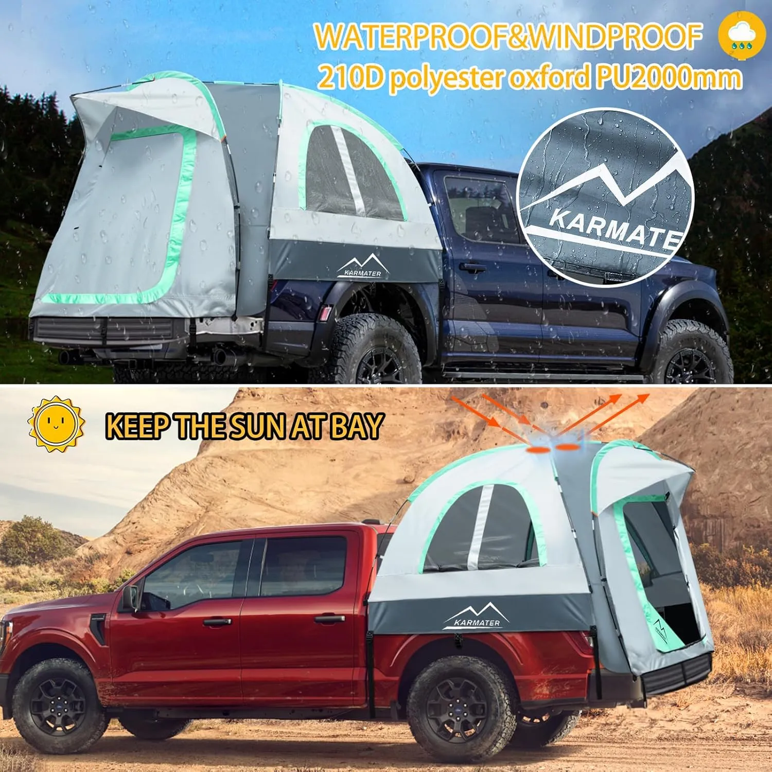 Pickup Truck Tent, Waterproof PU2000mm for Camping 5.5-6.5 Ft Bed, 2-Person Sleeping With Double Layer Design Windows, Expandable Triangle Sunshade Awning
