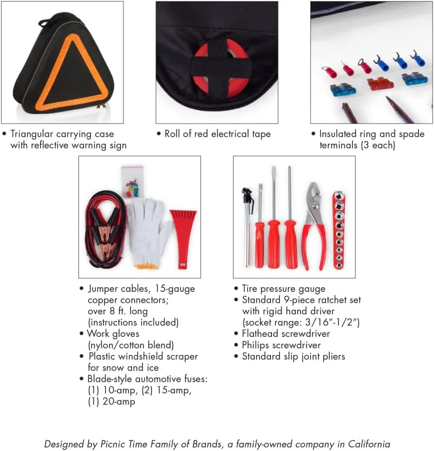 PICNIC TIME NCAA Roadside Emergency Car Kit - Auto Vehicle Safety Road Side Assistance with Jumper Cables and Car Tool Kit