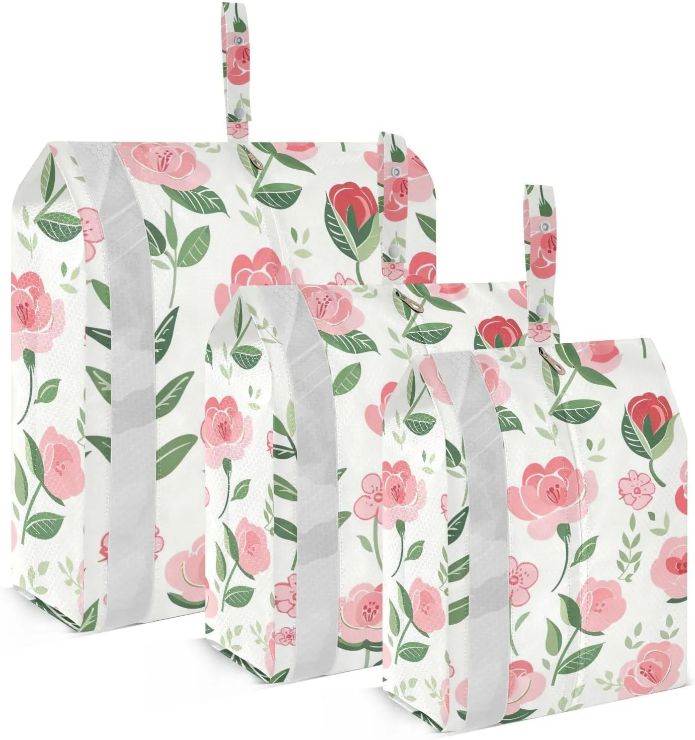 Pink Flowers Travel Storage Bag with Lanyard - Portable Lightweight Classified Storage Bag with Zipper, Dust and Waterproof Travel Packing Cube for Suitcase,3 Pieces