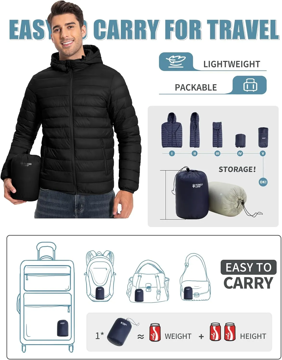 Pioneer Camp Mens Lightweight Packable Puffer Jacket Hooded Insulated Thermal Puffy Winter Jackets for Running Travel