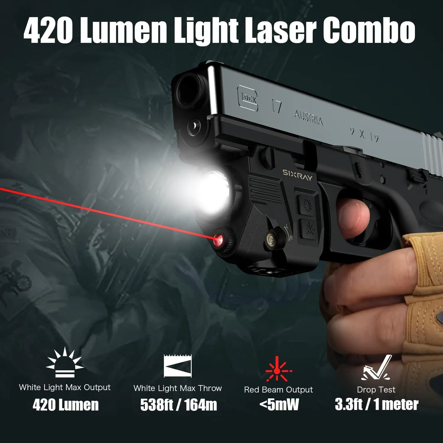 Pistol Light Laser Sight Gun Light 420 Lumens LED Picatinny Weaver Rail with Magnetic Charging Quick Release Strobe Function Laser Light Combo for Airsoft Handguns Pistol Rifle