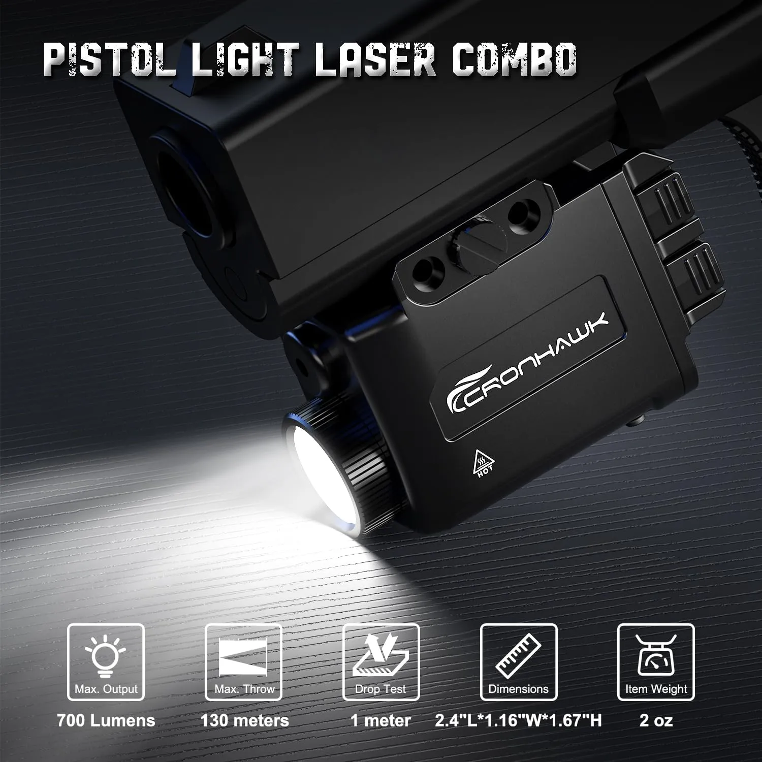 Pistol Light Red Laser Combo Rechargeable, 700 Lumen Red Beam Flashlight for Picatinny 1913 Rail Mounted Light with Strobe, USB-C Charging