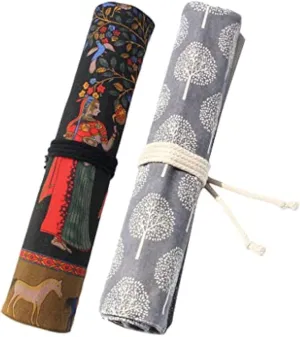 pistro 2 Pack Chinese Style Artist Paint Brush Roll Up Bag – 16” Canvas Pouch Storage Case, 20 Slots for Paint Brushes, Drawing Pens, Pencils, Makeup Brushes Organizer