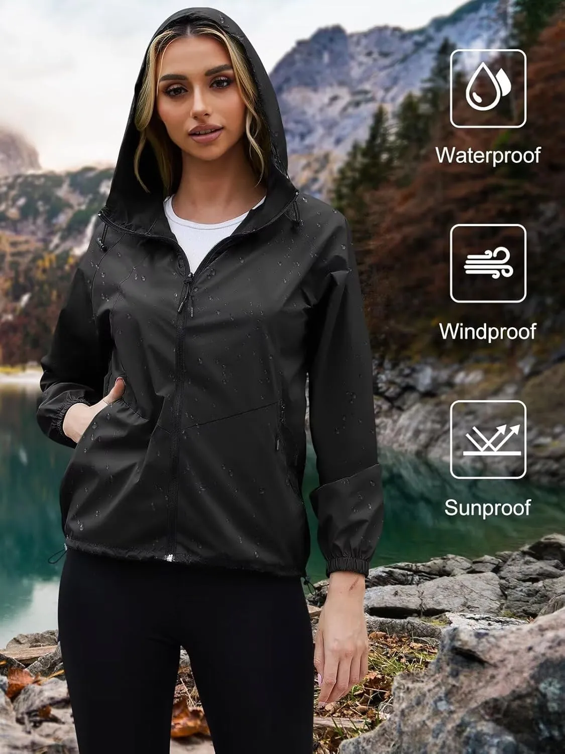 PITINAN Rain Jacket Women Waterproof Lightweight Jacket With Hood Packable Raincoat with Pockets S-XXL