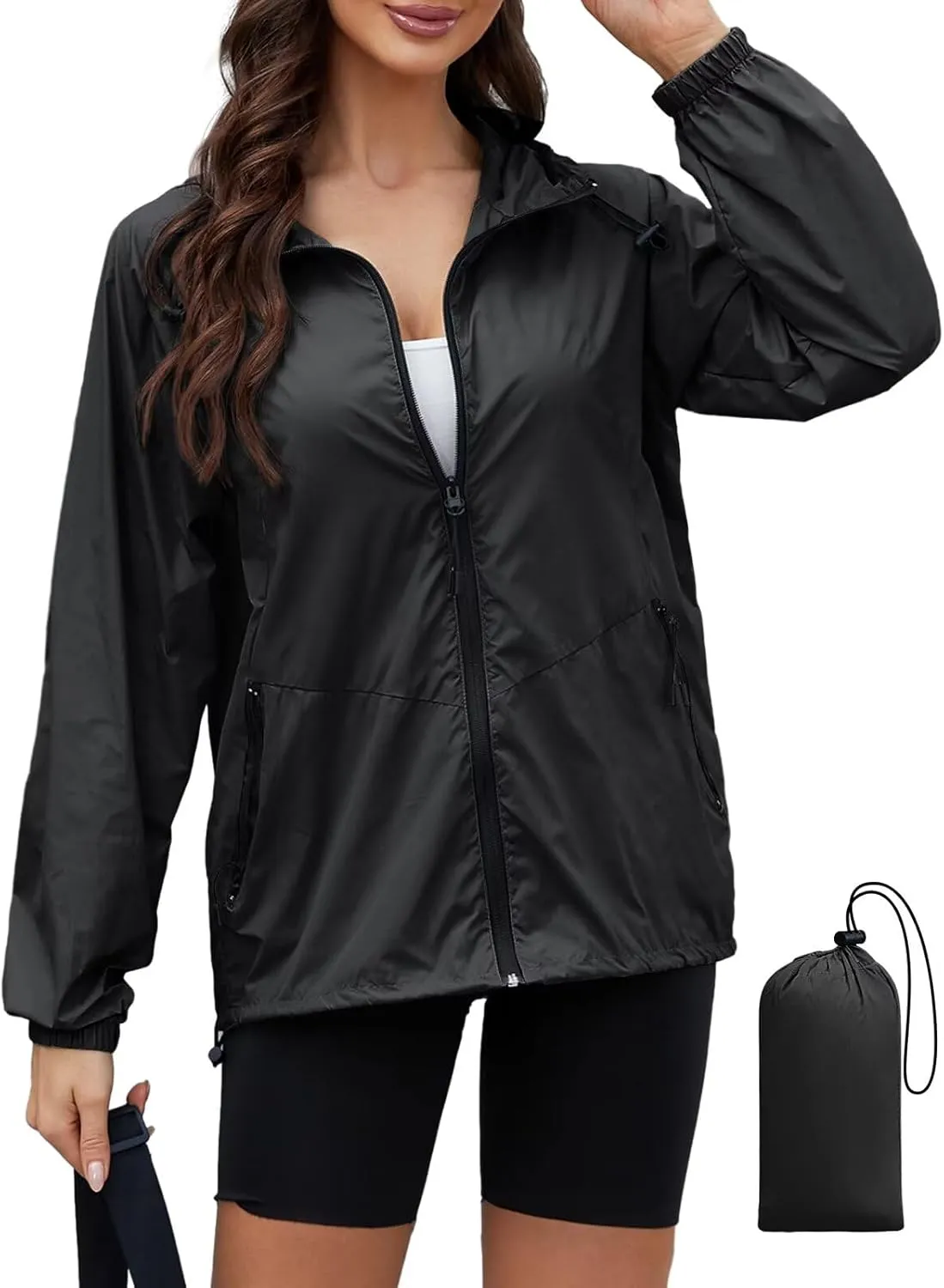 PITINAN Rain Jacket Women Waterproof Lightweight Jacket With Hood Packable Raincoat with Pockets S-XXL