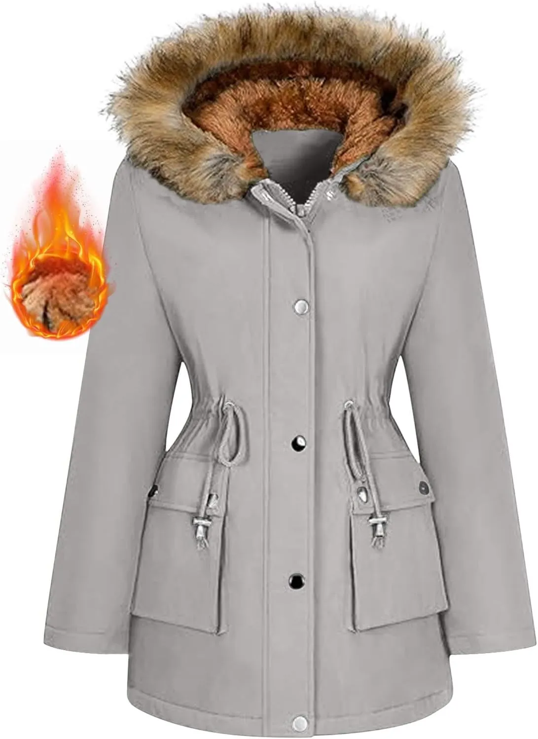 Plus Size Coats for Women with Fur Hood Waterproof Fleece Rain Jackets Drawstring Zipper Raincoats with Pockets