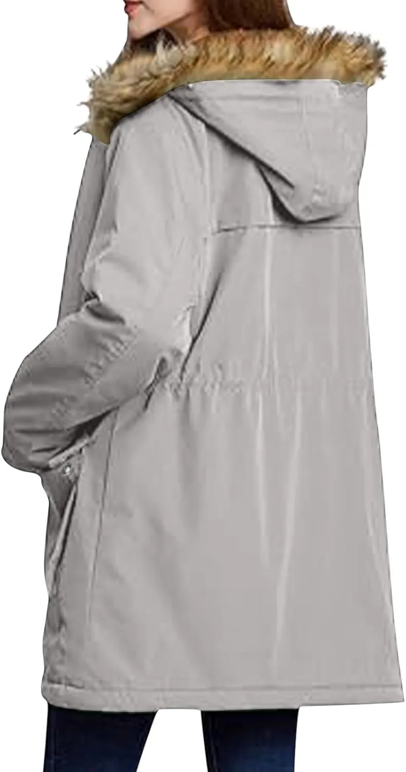 Plus Size Coats for Women with Fur Hood Waterproof Fleece Rain Jackets Drawstring Zipper Raincoats with Pockets