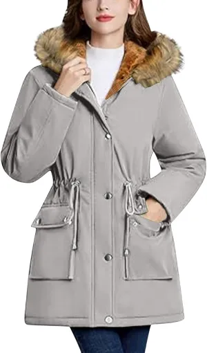 Plus Size Coats for Women with Fur Hood Waterproof Fleece Rain Jackets Drawstring Zipper Raincoats with Pockets
