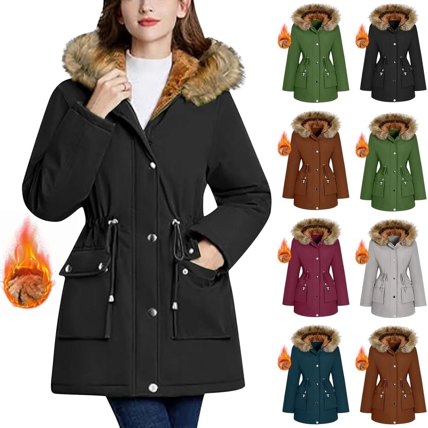 Plus Size Coats for Women with Fur Hood Waterproof Fleece Rain Jackets Drawstring Zipper Raincoats with Pockets