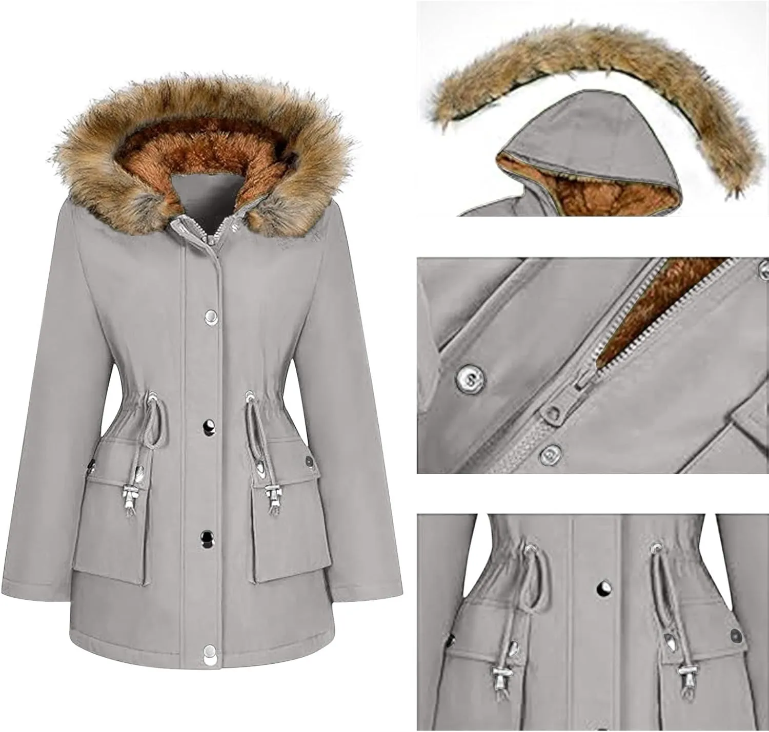 Plus Size Coats for Women with Fur Hood Waterproof Fleece Rain Jackets Drawstring Zipper Raincoats with Pockets