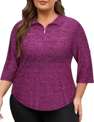 Plus Size Golf Polo Shirts for Women 3/4 Sleeve Quarter Zip Pullover Quick Dry Workout Tops XL-5XL