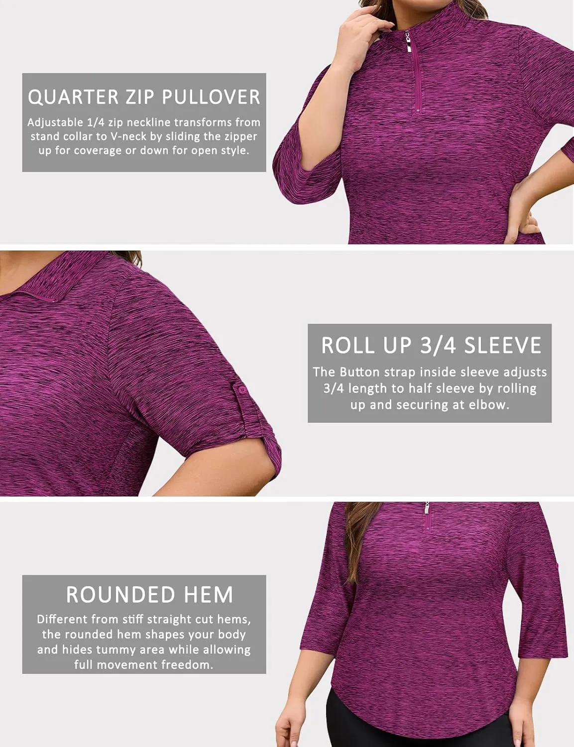 Plus Size Golf Polo Shirts for Women 3/4 Sleeve Quarter Zip Pullover Quick Dry Workout Tops XL-5XL