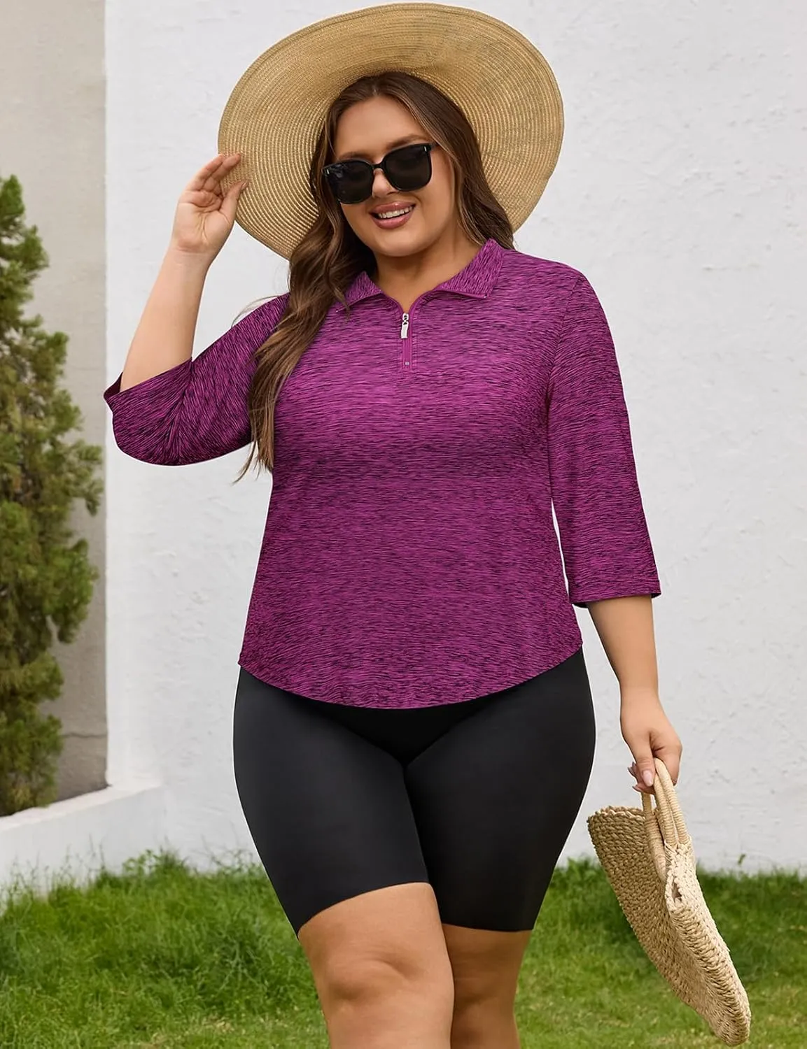 Plus Size Golf Polo Shirts for Women 3/4 Sleeve Quarter Zip Pullover Quick Dry Workout Tops XL-5XL