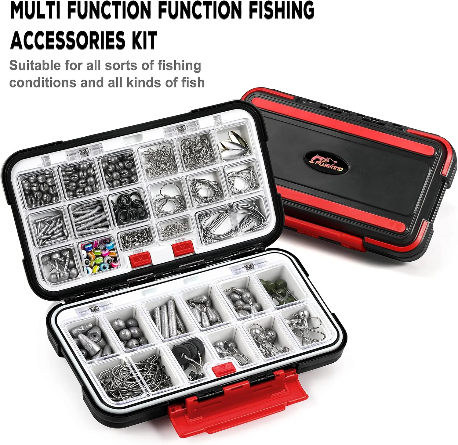 PLUSINNO 253/387pcs Fishing Gear Accessories Kit, Fishing Tackle Box with Tackle Included, Fishing Hooks, Fishing Weights Sinkers, Spinner Blade, Fishing Equipment for Bass Trout Bluegill Crappie