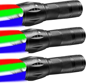 Pocketman 3 Pack Multicolor 4 Colors in 1 Red Flashlight Rechargeable Green Light Blue Torch LED White Red Blue Green 4 Modes Zoomable Camping Work Light