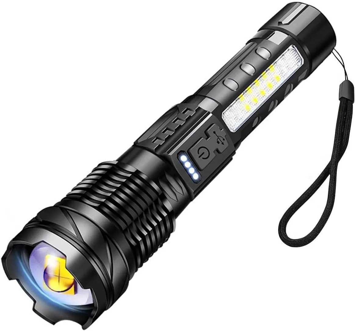 Pocketman Super Bright Flashlight High Lumens Light with 7 Modes Powerful Emergency with COB Side Light for Outdoor