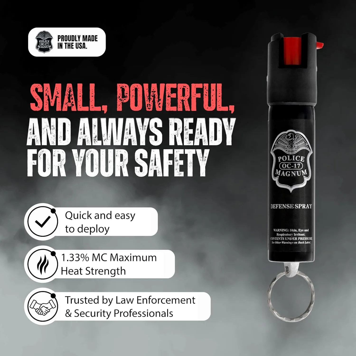 Police Magnum Small Pepper Spray Self Defense Safety Tool- Strong Built-in Keychain Holder- Compact Discreet Canister- Made in The USA- 1 Pack 3/4oz Twist Lock Keyring
